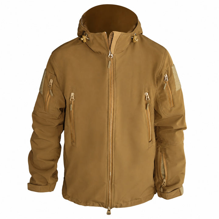 Coyote brown hooded softshell jacket shown from the front with high collar, full zipper, vertical chest pockets, zippered sleeve pockets, hook &amp; loop panels, and adjustable cuffs.