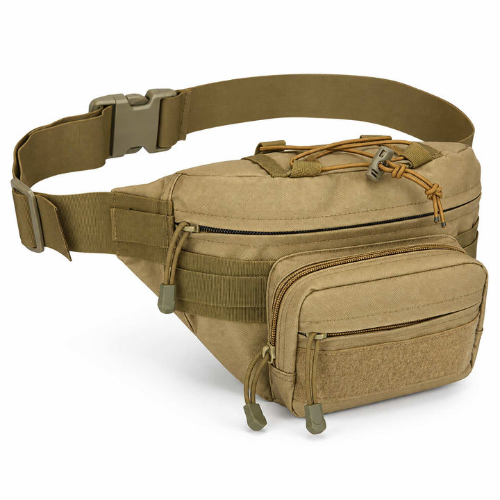 Coyote tactical waist pack with multiple zippered compartments, wide adjustable belt, MOLLE webbing, front patch panel, and elastic cord for securing small gear.