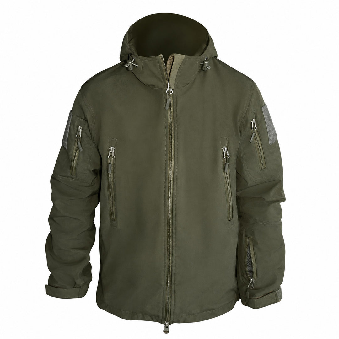 Olive green tactical softshell jacket shown from the front with hood and high collar, multiple zippered chest and sleeve pockets, hook &amp; loop arm panels, adjustable cuffs, and two-way front zipper.