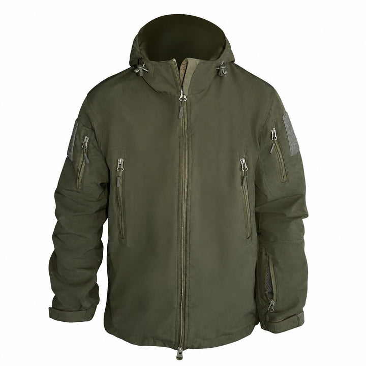 Olive green tactical softshell jacket shown from the front with hood and high collar, multiple zippered chest and sleeve pockets, hook &amp; loop arm panels, adjustable cuffs, and two-way front zipper.