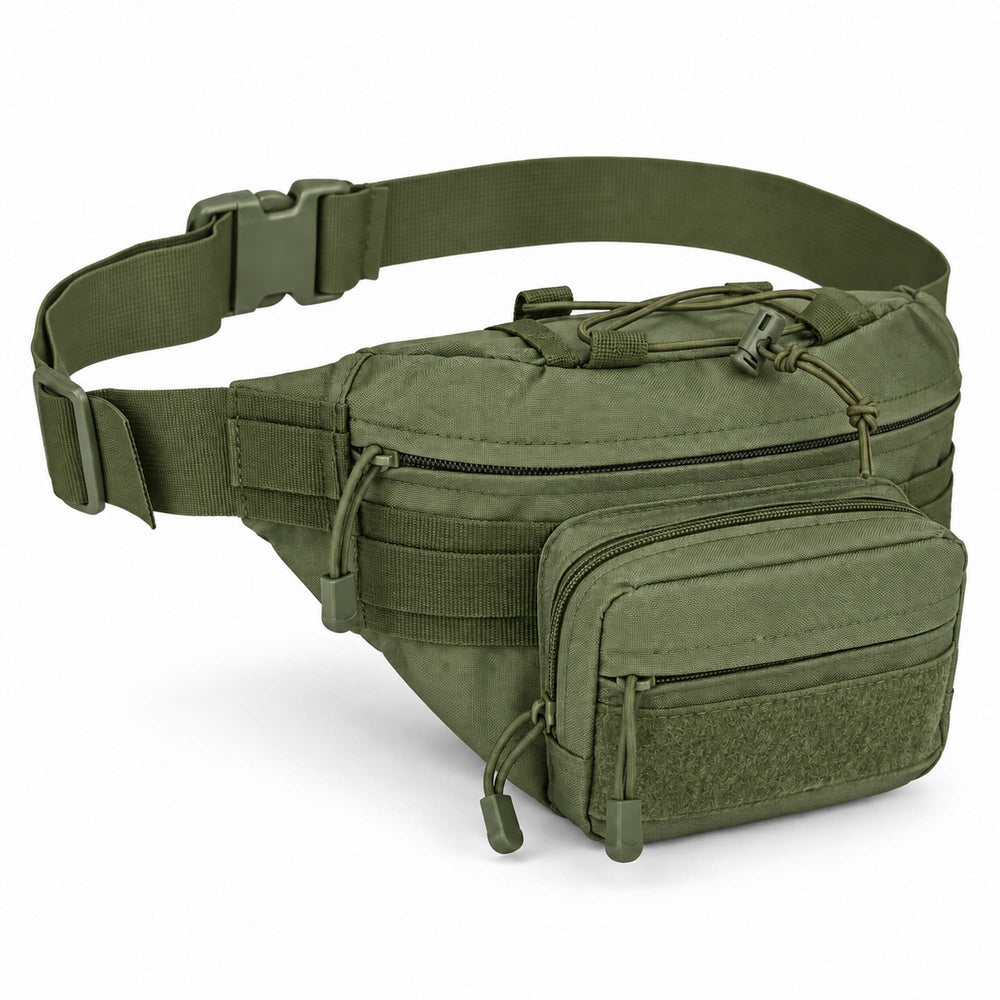 Olive green army waist pack with adjustable quick-release belt, main storage compartment, front zippered pouch, MOLLE webbing, and hook & loop panel.