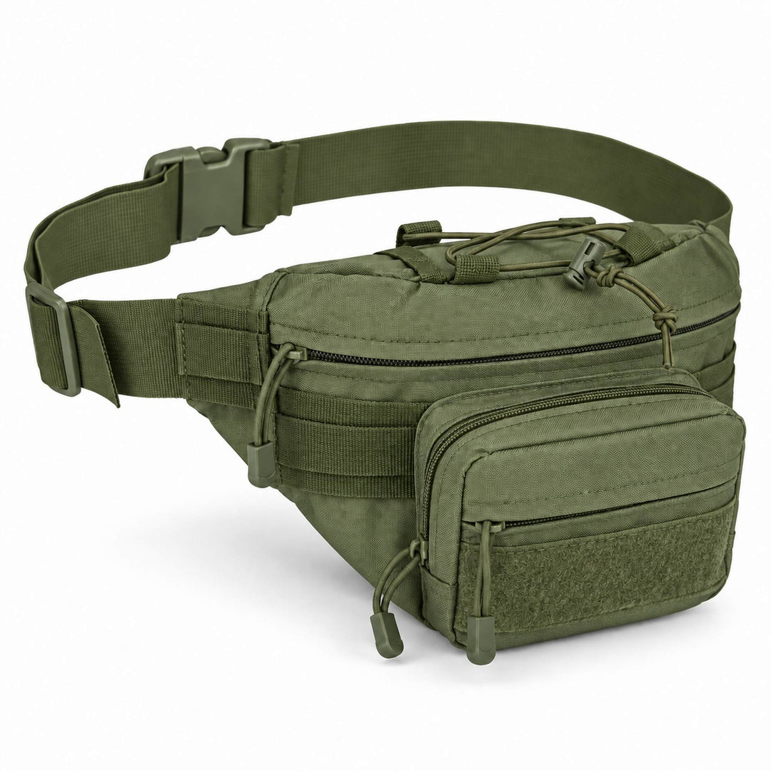 Olive green army waist pack with adjustable quick-release belt, main storage compartment, front zippered pouch, MOLLE webbing, and hook &amp; loop panel.