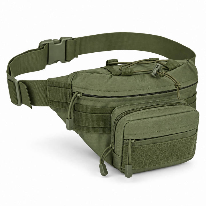 Olive green army waist pack with adjustable quick-release belt, main storage compartment, front zippered pouch, MOLLE webbing, and hook &amp; loop panel.