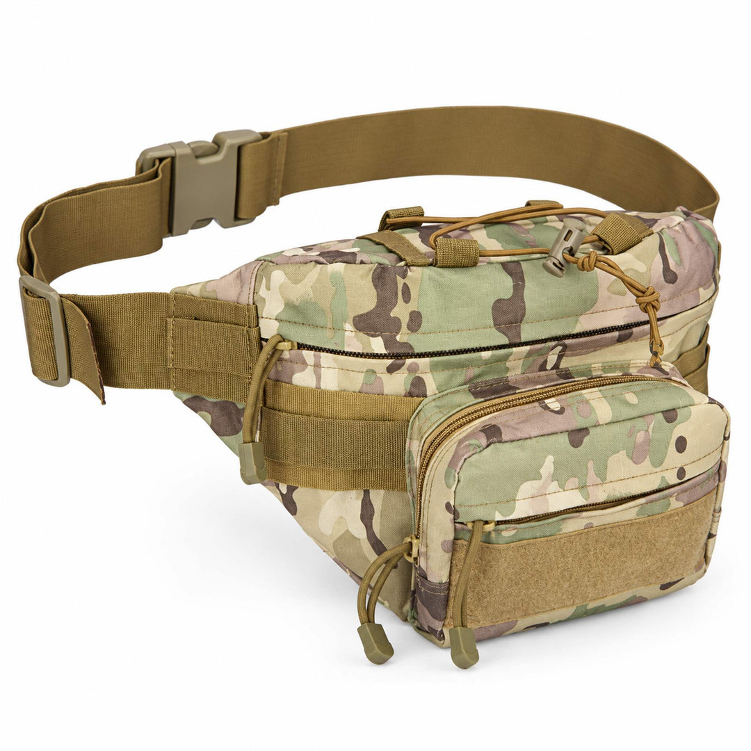Multicam Ukrainian army waist pack with tan adjustable belt, multiple zippered compartments, front utility pouch, MOLLE webbing, patch panel, and elastic gear cord.