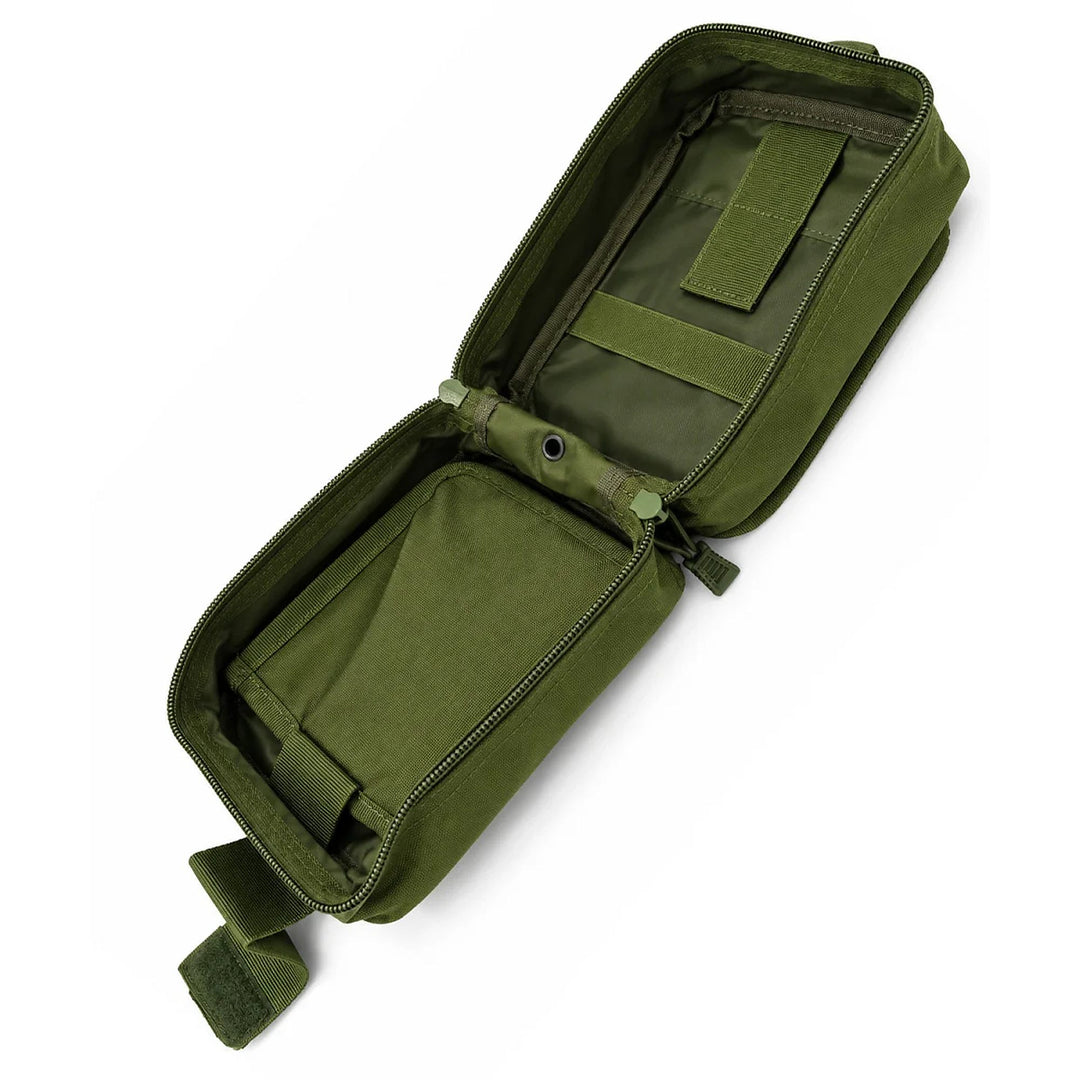 Olive medical pouch opened to show the main compartment with internal retention straps, fabric dividers, full zipper opening, and reinforced interior lining.