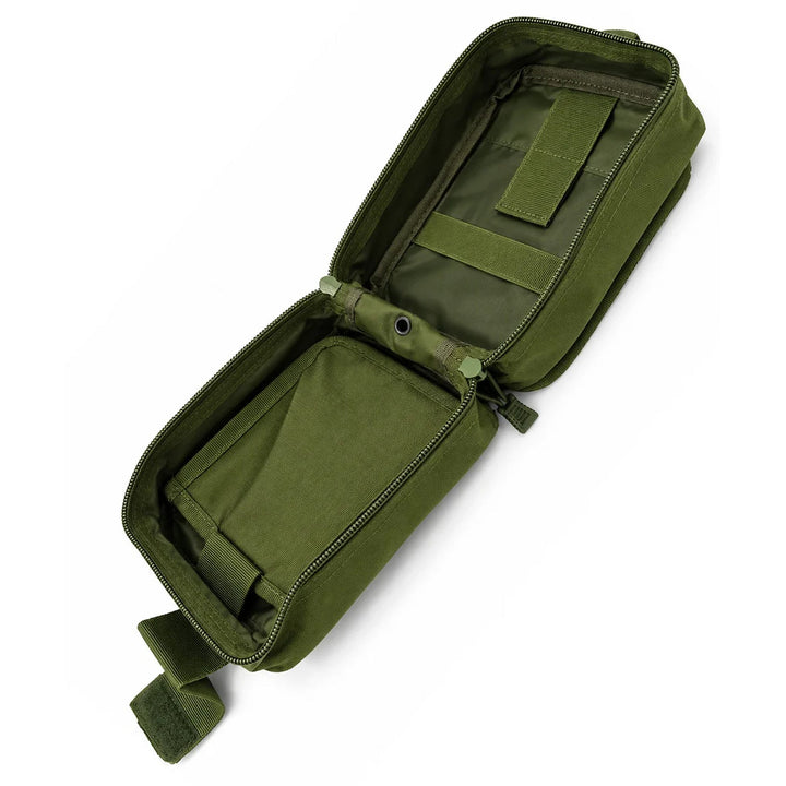 Olive medical pouch opened to show the main compartment with internal retention straps, fabric dividers, full zipper opening, and reinforced interior lining.