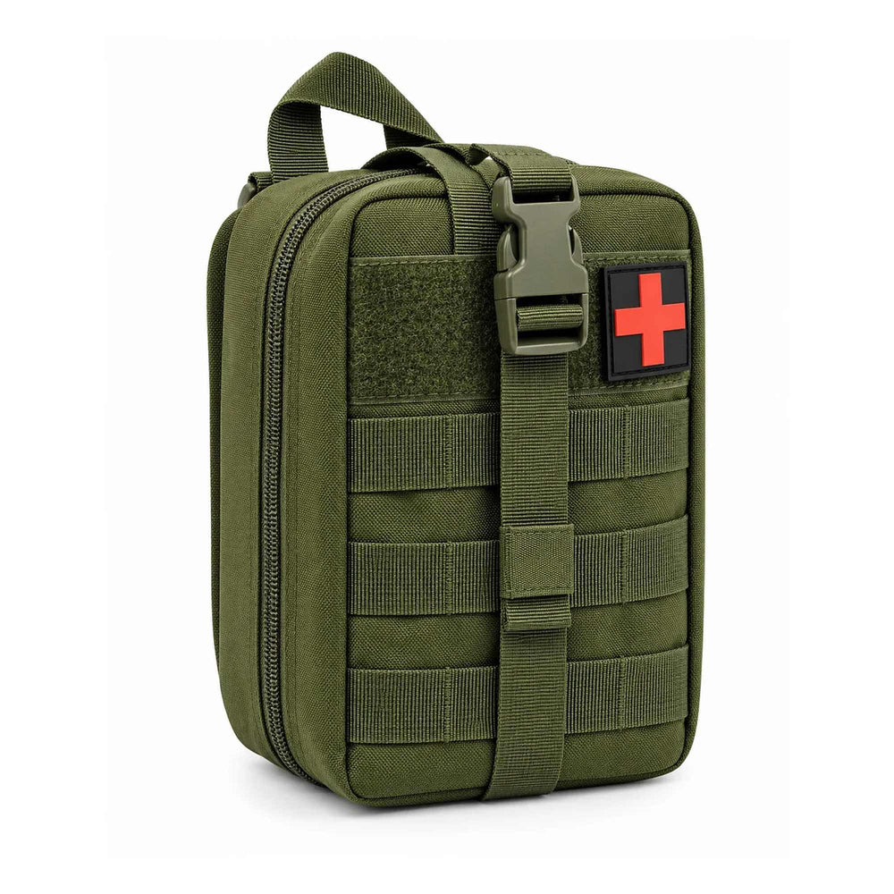 Olive MOLLE medical pouch with top carry handle, three rows of webbing, front hook & loop panel with red cross patch, and vertical securing strap with quick-release buckle.
