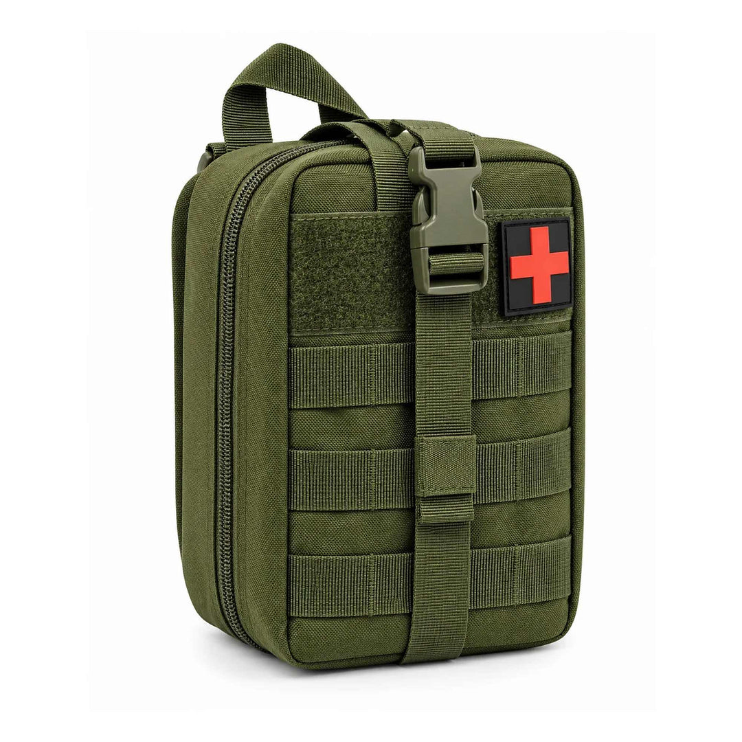Olive MOLLE medical pouch with top carry handle, three rows of webbing, front hook &amp; loop panel with red cross patch, and vertical securing strap with quick-release buckle.