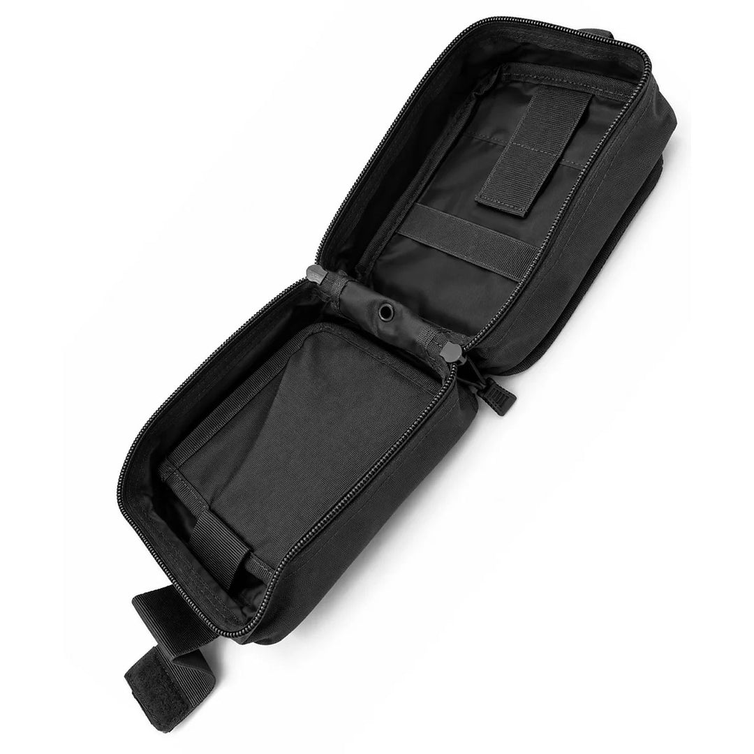 Black medical pouch opened to show the main storage compartment with internal elastic retention straps, fabric panels, and zippered clamshell construction.
