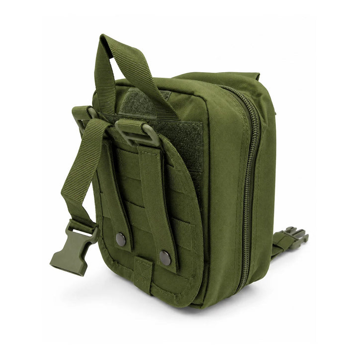 Olive medical pouch showing the rear MOLLE attachment straps, snap fasteners, carry handle, and full-length zipper around the pouch.