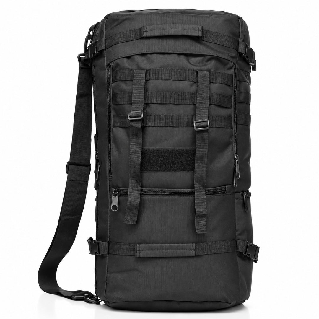 Black 80L military duffel bag with MOLLE webbing, adjustable front straps, hook and loop patch panel, reinforced carry handles, and shoulder strap.