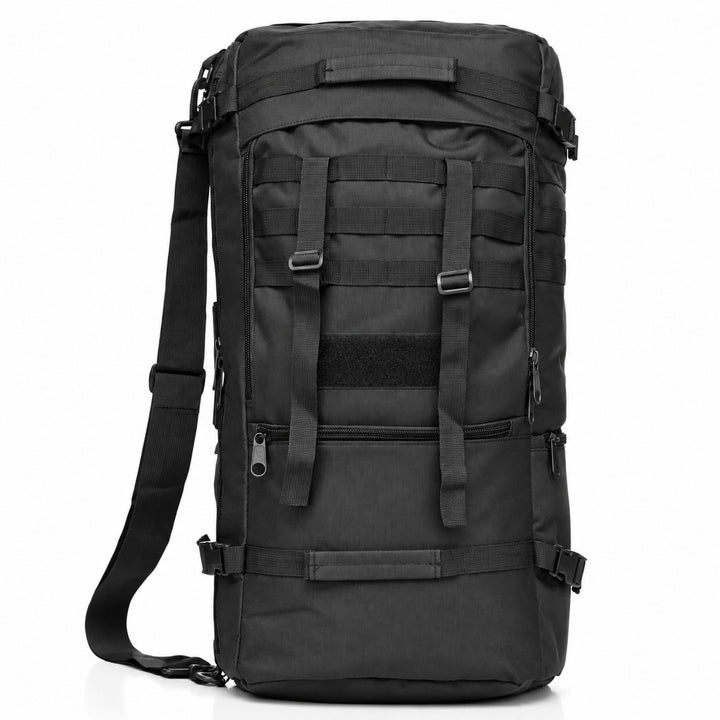 Black 80L military duffel bag with MOLLE webbing, adjustable front straps, hook and loop patch panel, reinforced carry handles, and shoulder strap.