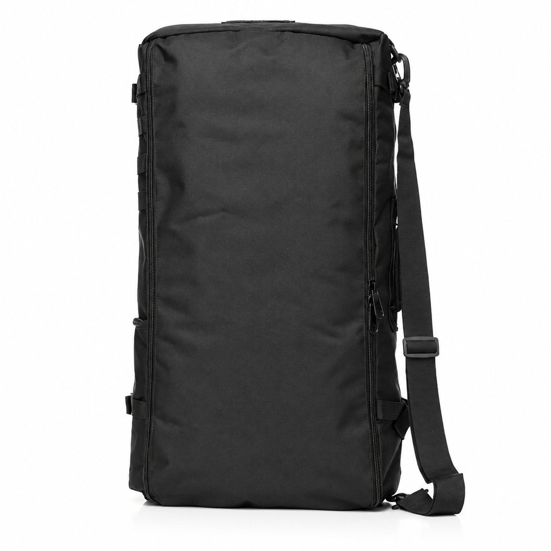 Black 80L tactical shoulder bag with large zippered main compartment, adjustable shoulder strap, and durable rectangular construction.