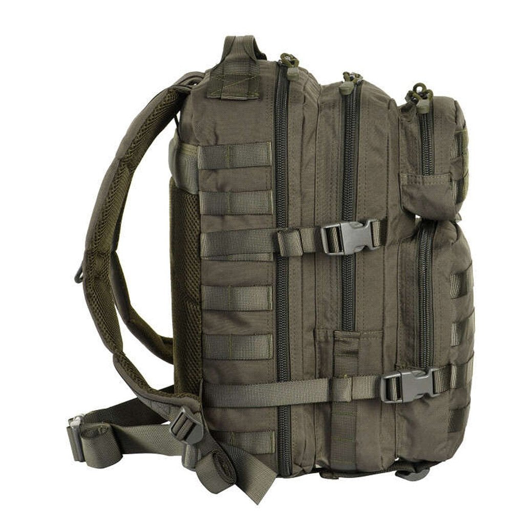 Side view of a military rucksack showcasing its profile.