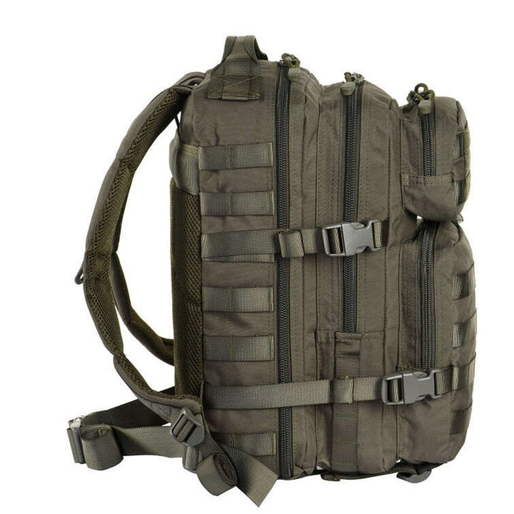 Side view of a military rucksack showcasing its profile.