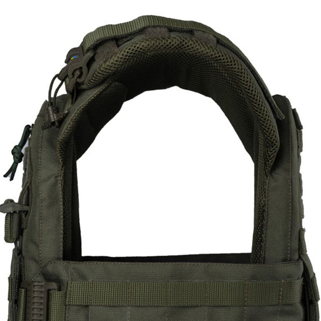 Padded shoulder area of olive tactical vest