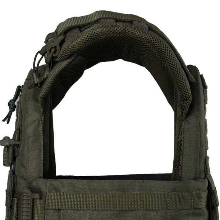 Padded shoulder area of olive tactical vest