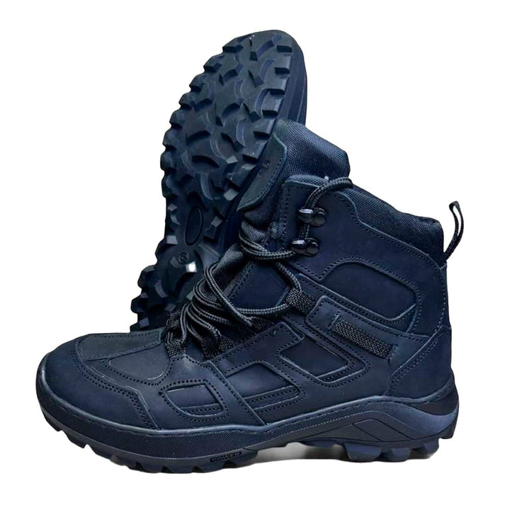 Black tactical combat boots for military and law enforcement, heavy-duty design with protective toe, suitable for cold and wet weathe