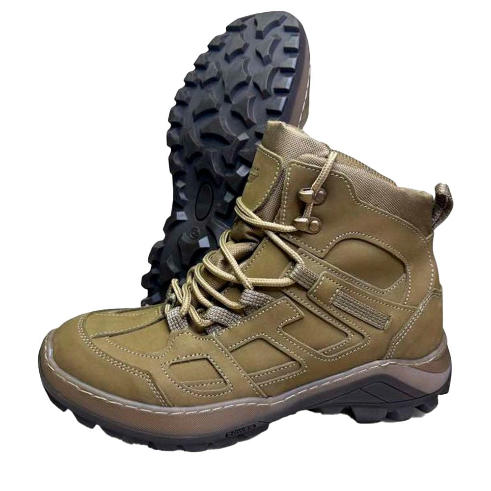 Coyote brown tactical boots with high-traction sole, military-style ankle support, suitable for autumn or winter use in outdoor conditions