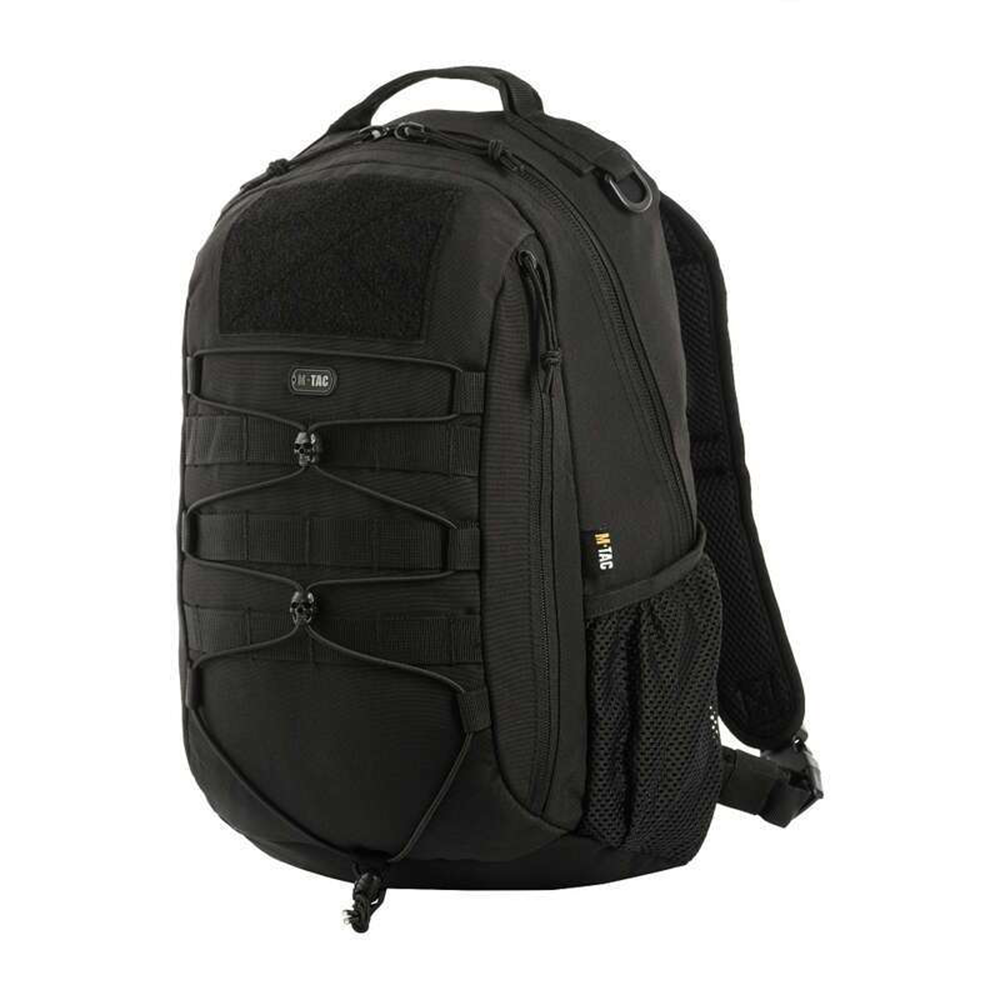 Black 16L tactical backpack with front bungee cord system, MOLLE webbing, and velcro loop panel
