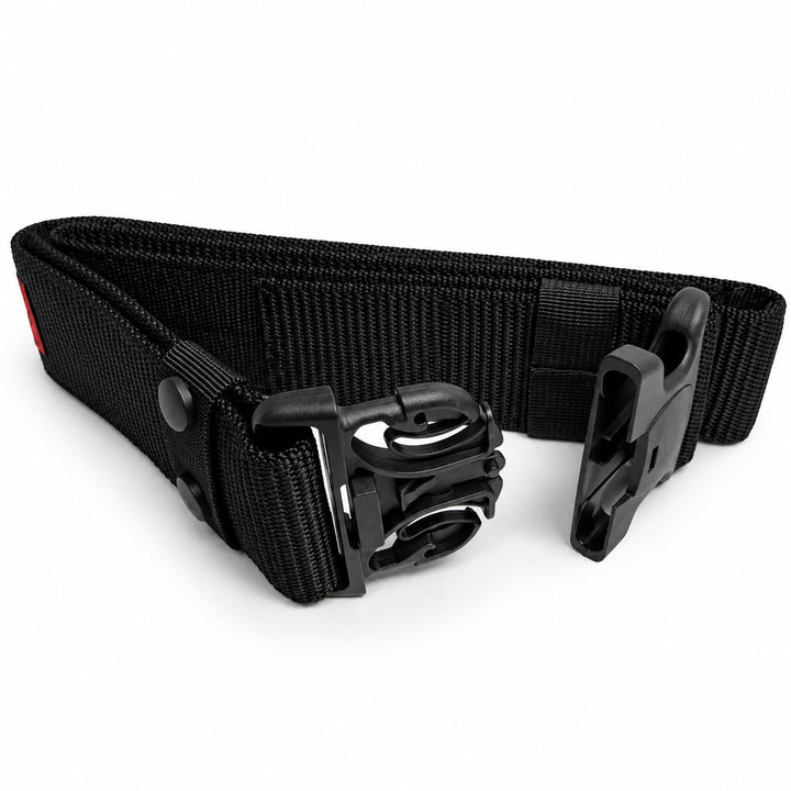 Black tactical belt with the Fastex buckle opened, showing the three-point quick-release mechanism, nylon webbing, and adjustment straps.