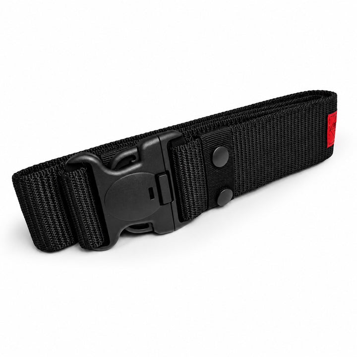 Black nylon tactical waist belt shown folded with the Fastex buckle closed and two reinforced attachment points beside the buckle.