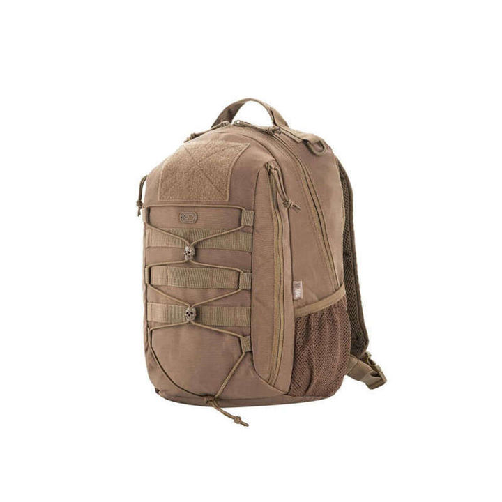 Coyote brown 16L tactical backpack with front bungee lacing and side mesh pocket