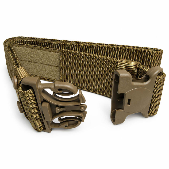 Coyote brown tactical belt with the Fastex buckle opened, showing the quick-release mechanism, adjustable nylon strap, and hook-and-loop inner section.