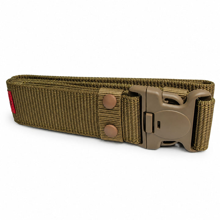 Coyote brown tactical waist belt shown folded with the Fastex buckle closed, wide nylon webbing, and two reinforced attachment points near the buckle.