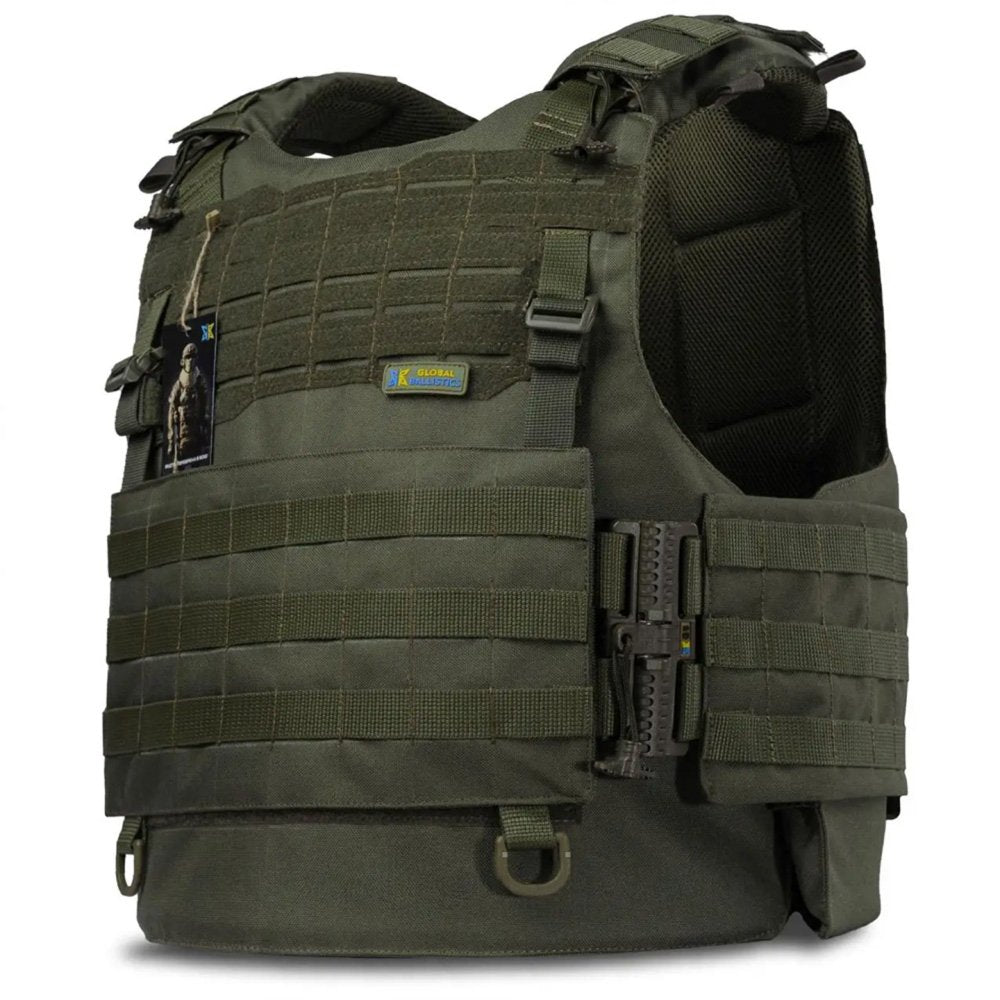 Rear angled view of olive green tactical plate carrier vest