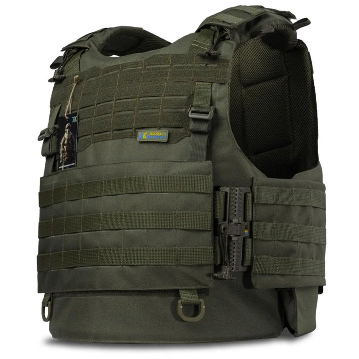 Rear angled view of olive green tactical plate carrier vest