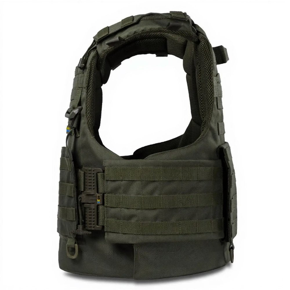 Side profile of olive green plate carrier vest with MOLLE cummerbund