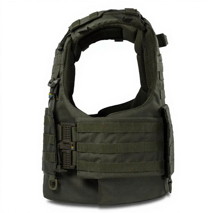 Side profile of olive green plate carrier vest with MOLLE cummerbund