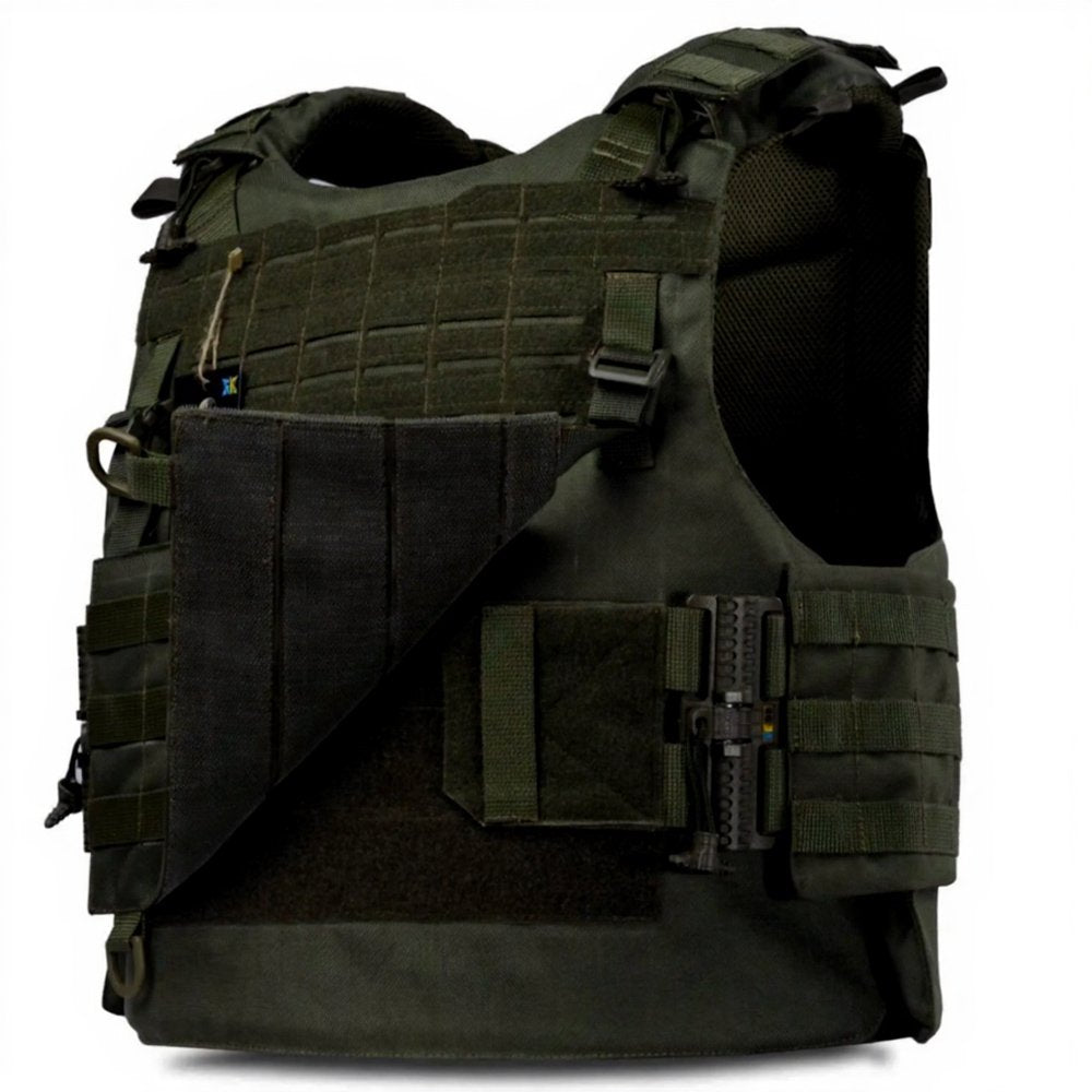 Olive tactical vest side view with front flap and MOLLE attachments