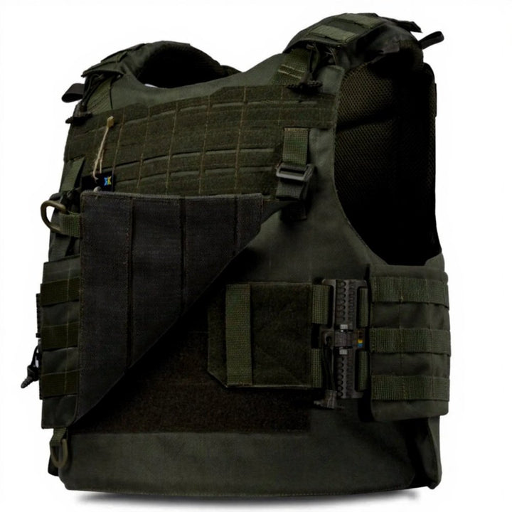 Olive tactical vest side view with front flap and MOLLE attachments