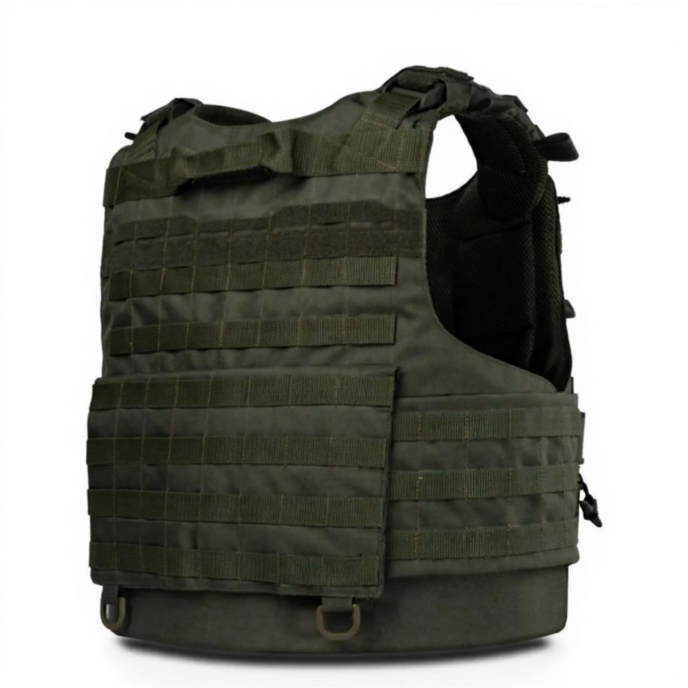 Back view of olive tactical plate carrier vest with MOLLE webbing