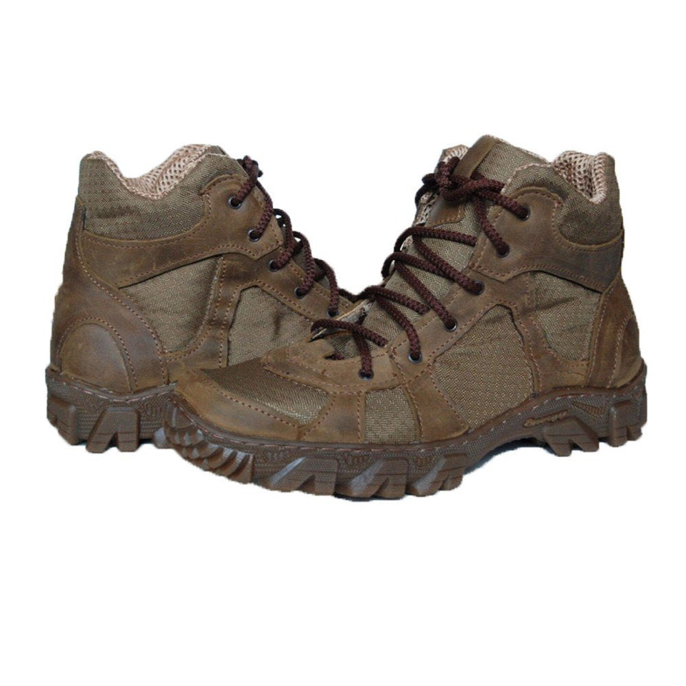 A pair of brown Ukrainian army boots made with nubuck leather and Cordura fabric, featuring sturdy laces and a durable sole.