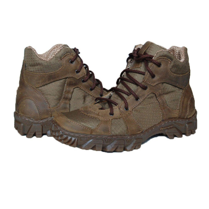 A pair of brown Ukrainian army boots made with nubuck leather and Cordura fabric, featuring sturdy laces and a durable sole.