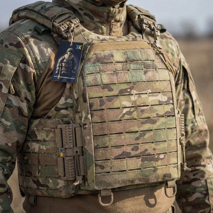 Front panel of multicam military plate carrier with Laser Cut MOLLE and reinforced ballistic plate compartment