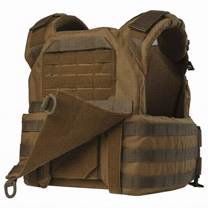 Front view of coyote tactical plate carrier vest with MOLLE webbing, admin pocket, and quick-release system