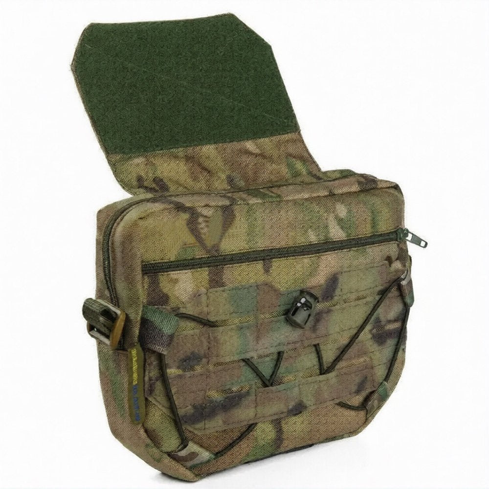 Multicam dangler pouch for plate carrier with MOLLE front panel and hook-and-loop mounting