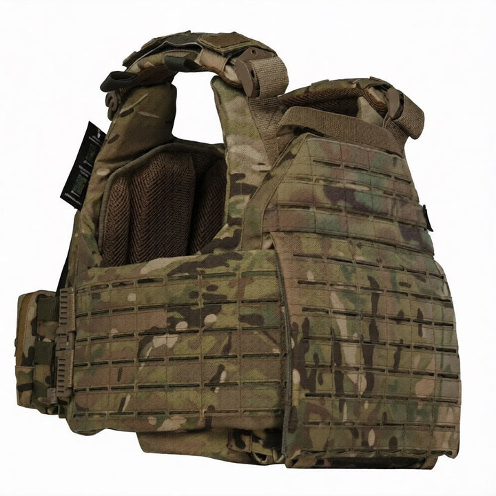 Rear view of multicam military plate carrier with full MOLLE back panel and padded shoulder support