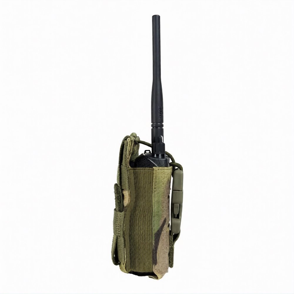 Side view of multicam radio pouch holding a radio with antenna