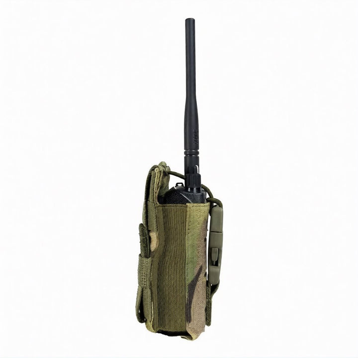 Side view of multicam radio pouch holding a radio with antenna