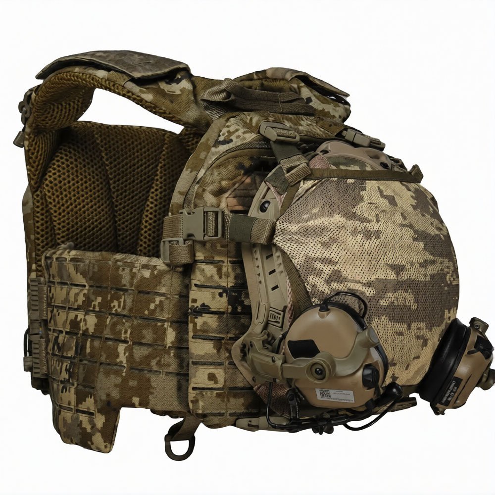 Rear side view of pixel plate carrier vest with helmet holder and padded back panel