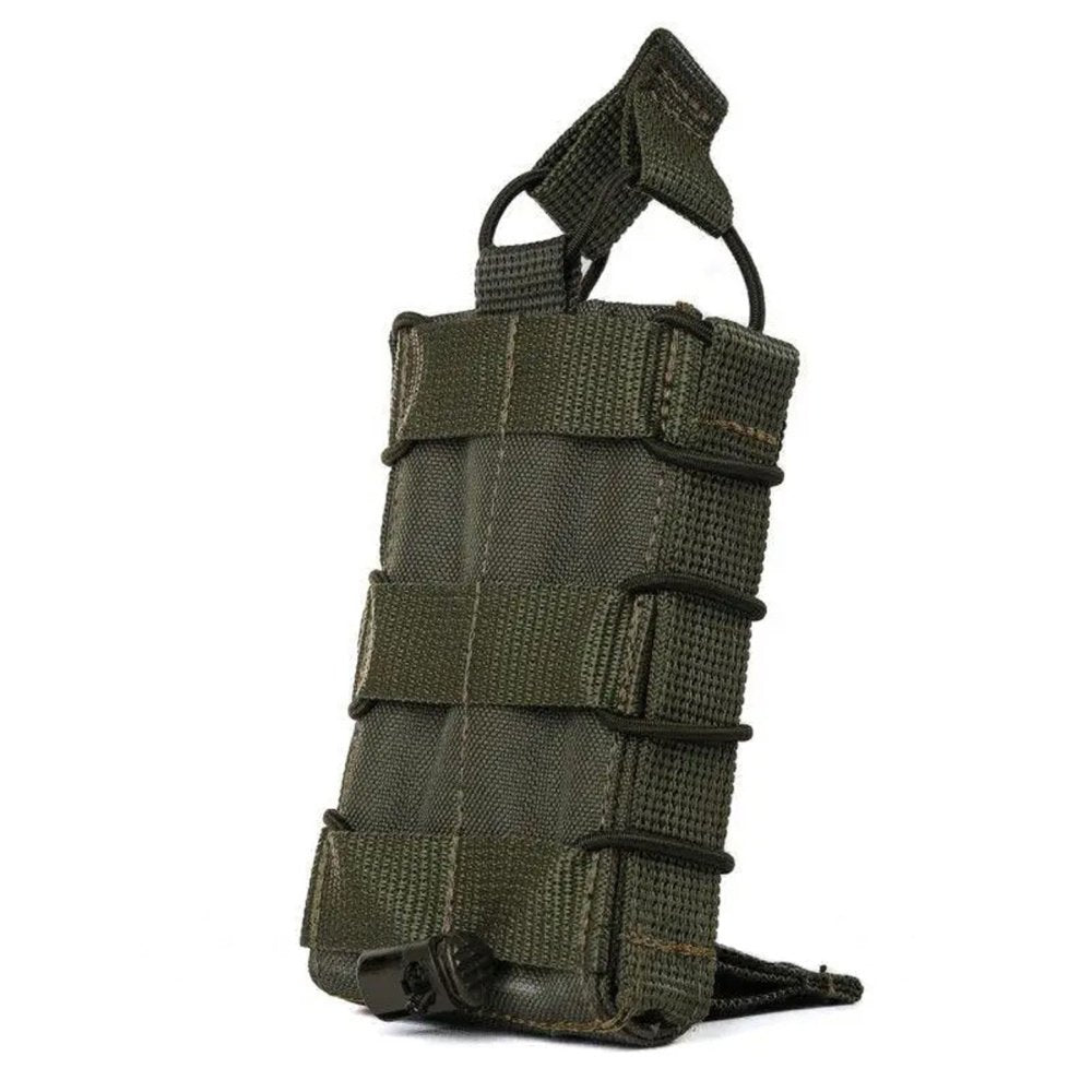Olive single AK / AR magazine pouch with elastic retention cords and MOLLE attachment straps