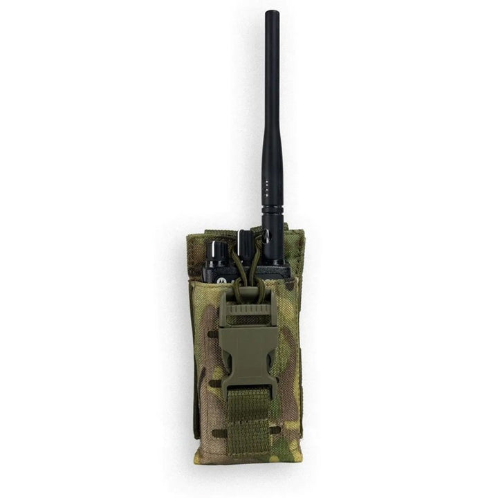 Multicam MOLLE radio pouch holding a tactical radio with antenna