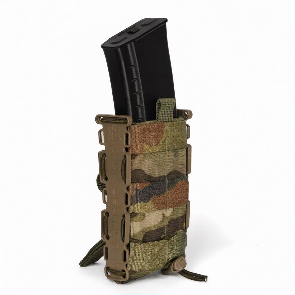 Side view of multicam single mag pouch with rifle magazine inserted