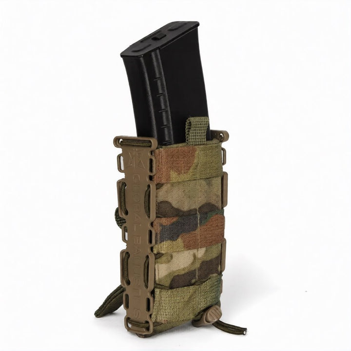 Side view of multicam single mag pouch with rifle magazine inserted