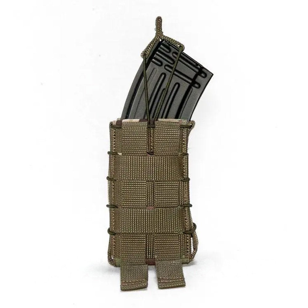 Back side of multicam rifle magazine pouch with MOLLE straps and inserted magazine